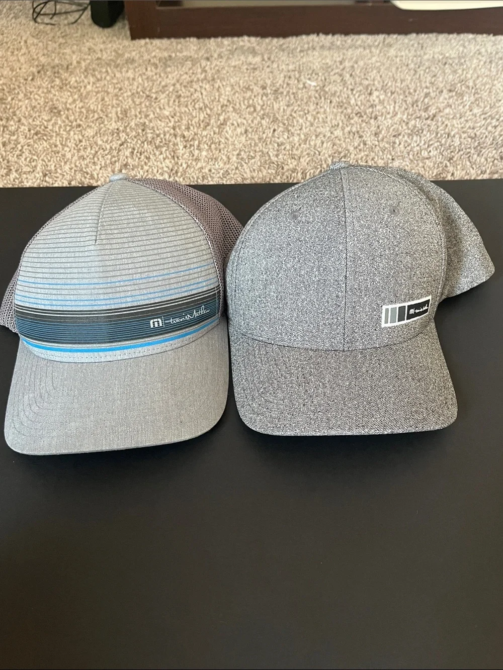 Travis Mathew Gray Striped Cap with Blue Accent & Heather Gray Speckled Cap